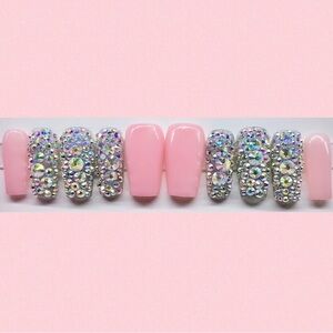 Pink and Silver Rhinestone Press-On Nails